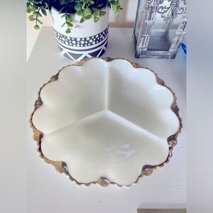 Vintage Anchor Hocking Milk Glass Relish Serving Plate With Gold Trim Ruffled
